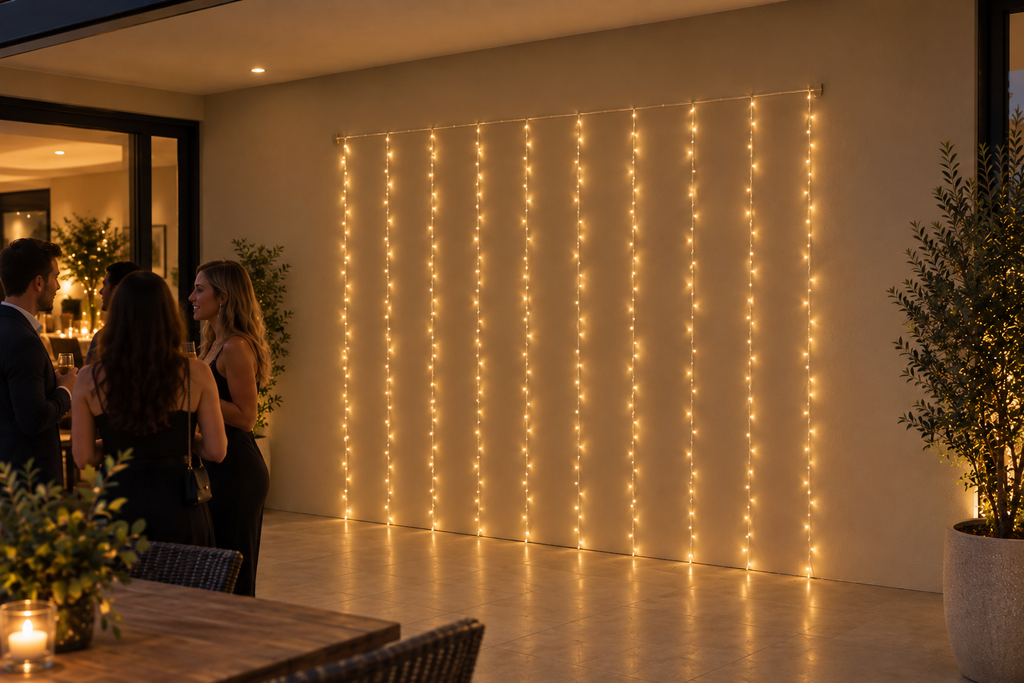 Neon Noel-3x2m Warm White Curtain Lights-Lights On at a Party-Hobart-Australia-Tasmania