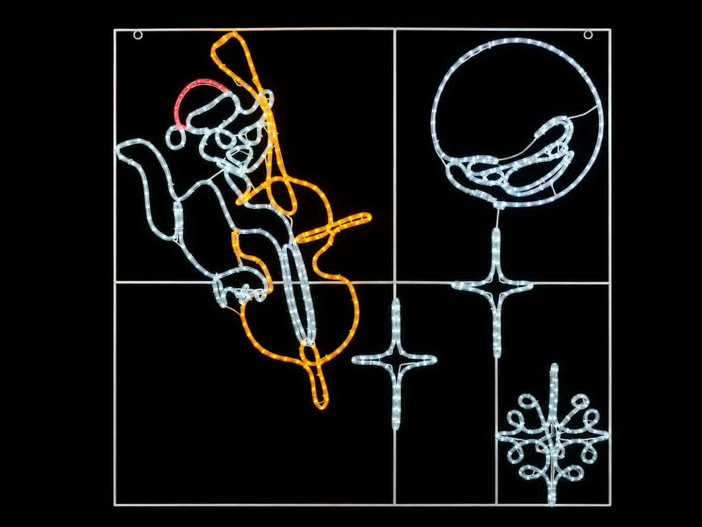 Cat and fiddle square Christmas light motif with lights on against a black background