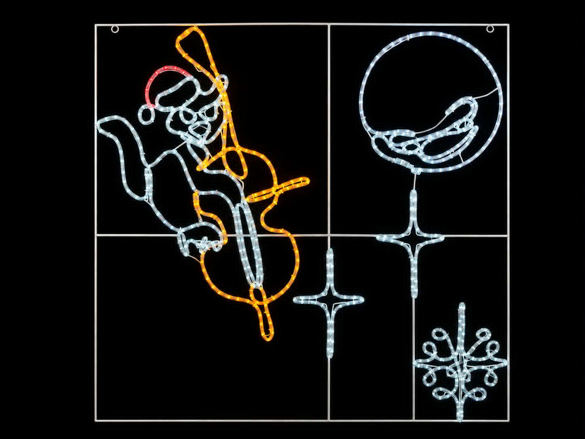 Cat and fiddle square Christmas light motif with lights on against a black background