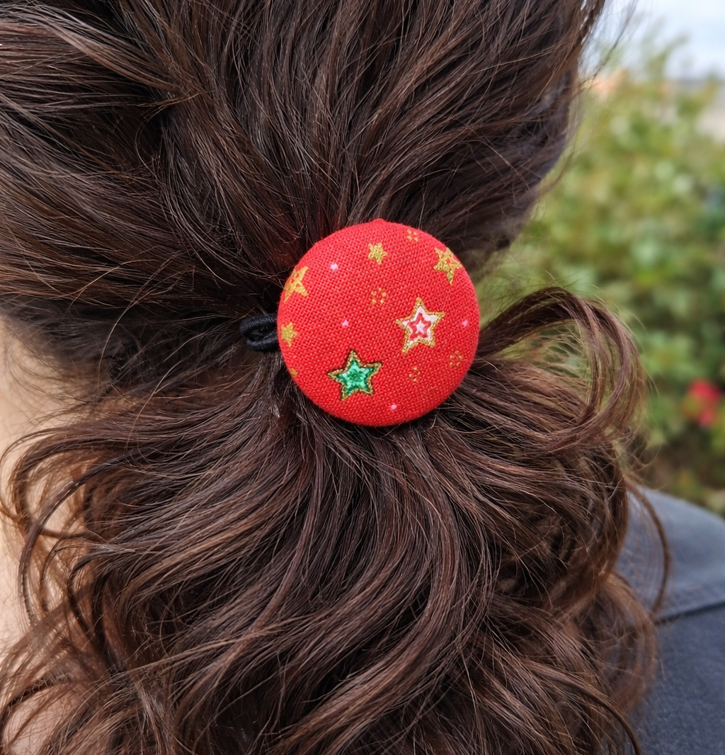 Handmade red with stars Christmas Hair Ties, In ponytail