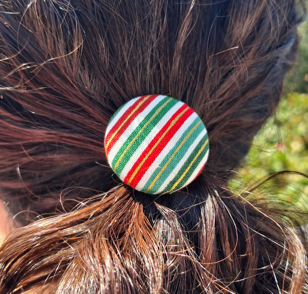 Handmade Red and Green Stripes Christmas Hair Ties, In ponytail