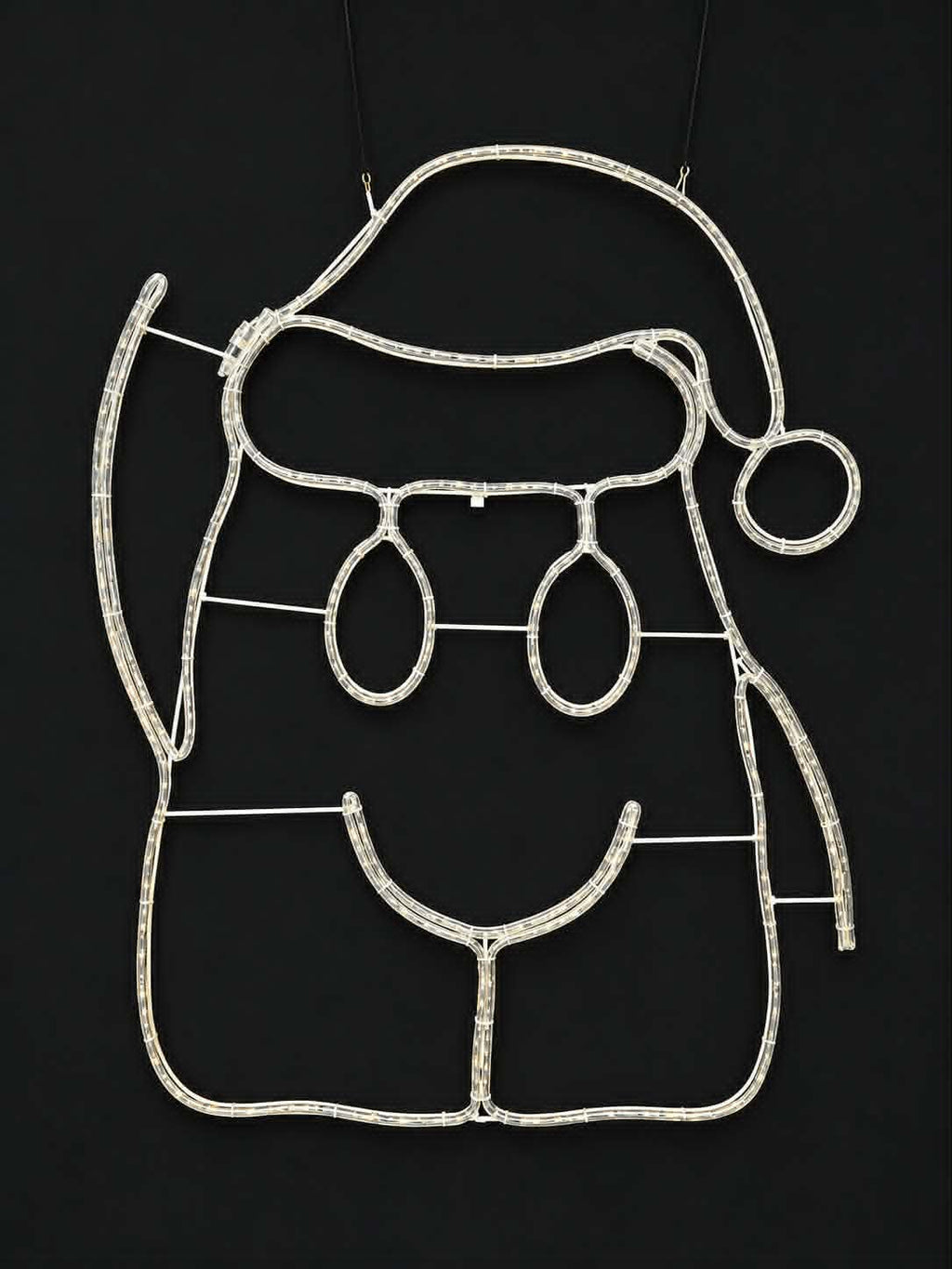 A wire-frame Christmas light decoration shaped like the Hob of Hobart - Dougal, lights off against a solid black background, Neon Noel, Hobart, Tasmania, Australia, Hobartgraffiti