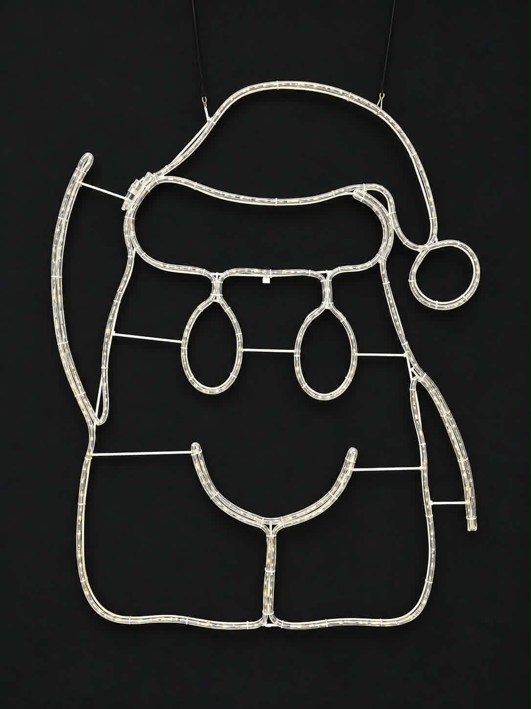 A wire-frame Christmas light decoration shaped like the Hob of Hobart - Dougal, lights off against a solid black background, Neon Noel, Hobart, Tasmania, Australia, Hobartgraffiti