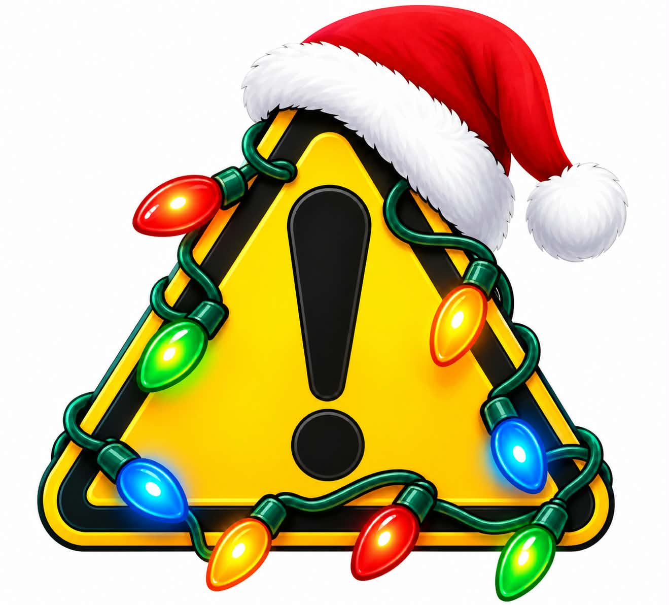A yellow triangular warning sign with a black exclamation mark, decorated with green Christmas string lights in red, orange, yellow, green, and blue, topped with a red Santa hat on a white background. Christmas light product page 