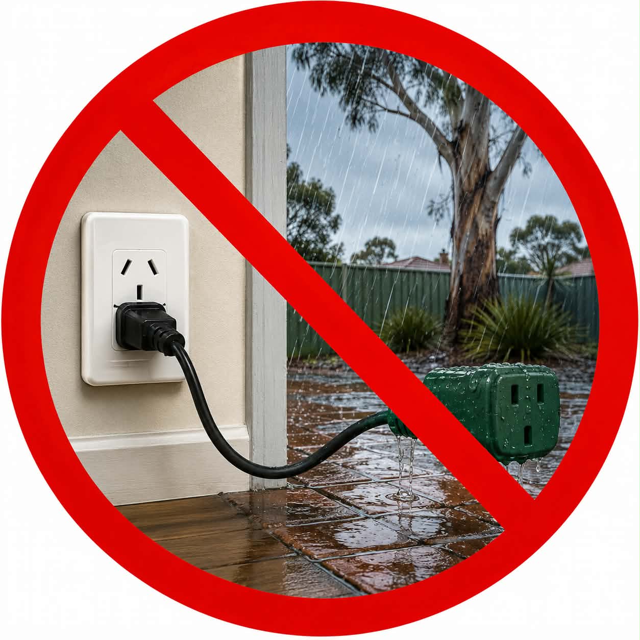 A circular red prohibition symbol overlays a photo of a wet outdoor outlet with a plugged-in black cord and a green waterproof socket on a tiled patio during rain. Neon Noel Christmas light safety