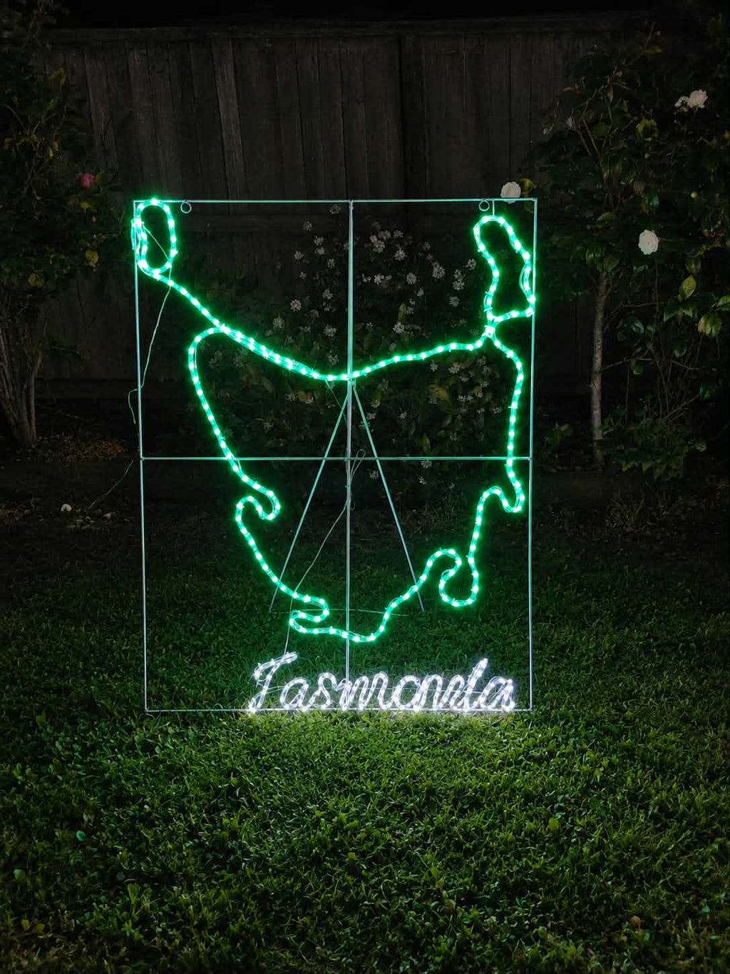 A Christmas motif  depicting the outline of Tasmania, with bright green illuminated path lines, a white grid background, and the word "Tasmania" in white script at the bottom, shown against a outdoor background.